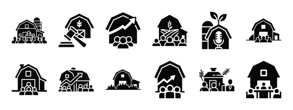 agricultural conference silhouette icon set, black color and white background