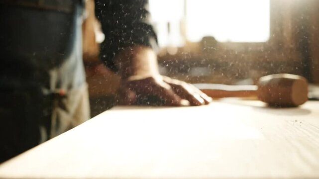 Artisan craftsman using a sanding block to smooth the surface of a wooden tabletop in workshop