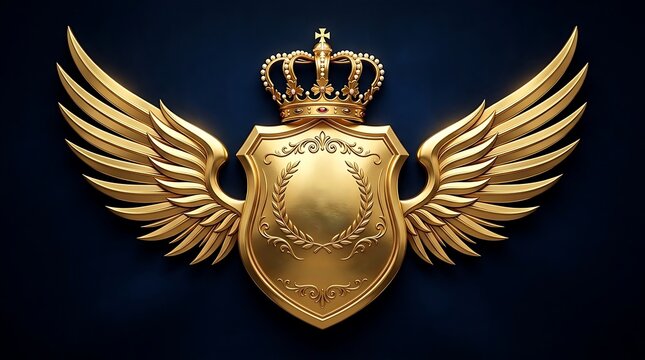Golden shield with wings and royal crown emblem illustration