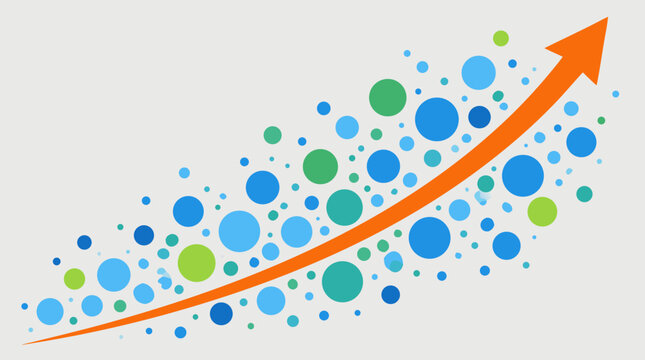 Clean flat vector illustration of an orange upward growth arrow amid blue and green bubbles on a light background, ideal for business success marketing.