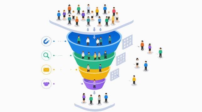 Clean flat vector illustration of people moving through a colorful marketing funnel on a light background, ideal for lead generation, recruitment, CRM, or sales strategy presentations.