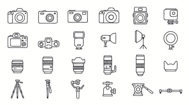 Clean flat vector illustration of photography equipment line icons on a light background, ideal for camera shop branding, tutorials, or creative app interfaces.