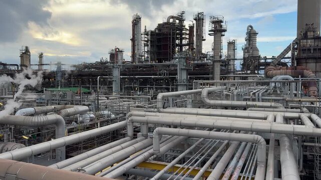 Panorama inside of the interior of a chemical plant or oil refinery. Pipeline structure, heavy equipment in process area. Steel tanks and boilers with cables, pipelines and valves for chemical mixing