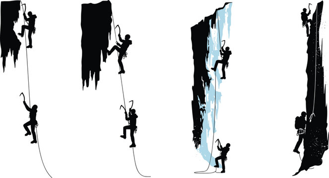 Silhouette of ice climbers scaling frozen cliffs with ropes and axes, extreme winter mountain climbing, outdoor adventure and exploration illustration