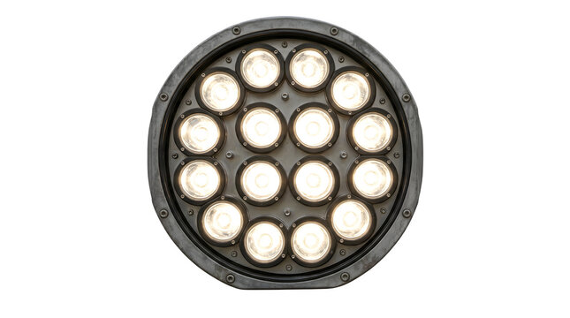 Professional LED stage light fixture with 18 warm white diodes, circular par can spotlight for event lighting, studio theater equipment on white background
