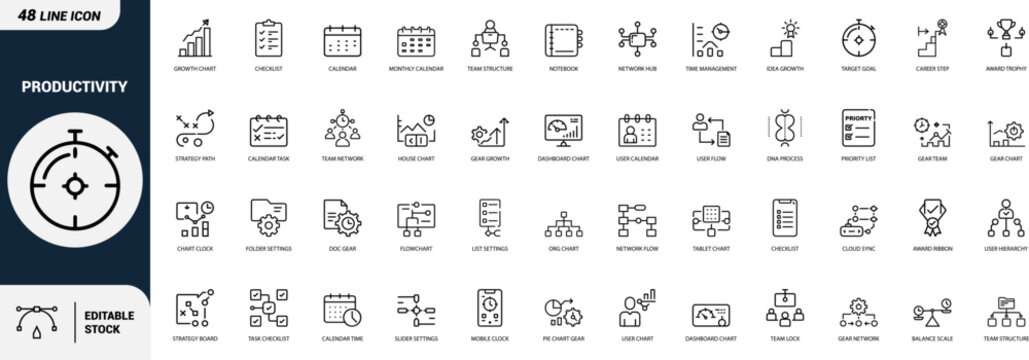 Productivity line art icons set Stopwatch, Calendar, Checklist, Chart, Target, Gear, Flowchart, Trophy, Network, Team, Clock Web icon App icon Outline icon Editable stroke line art Vector EPS