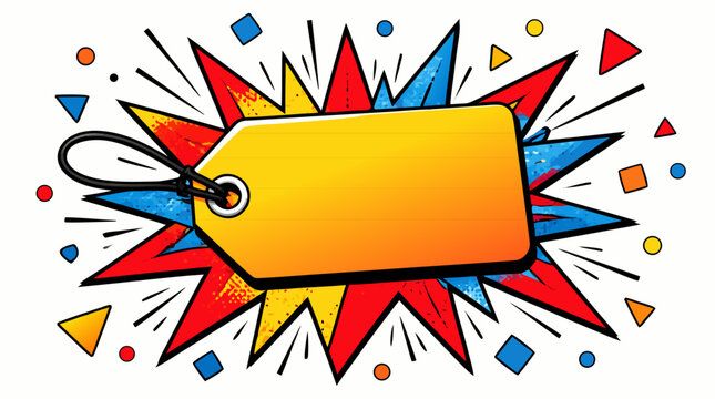 Clean flat vector illustration of a blank yellow sale tag on a colorful comic burst with confetti, ideal for retail promotions, discounts, coupons, and advertising on a light background.
