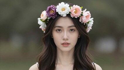 Naklejka premium Portrait of a beautiful woman wearing a flower crown looking at the viewer