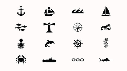Nautical marine collection featuring ships anchors sea creatures and sailing equipment icons. © Pronab