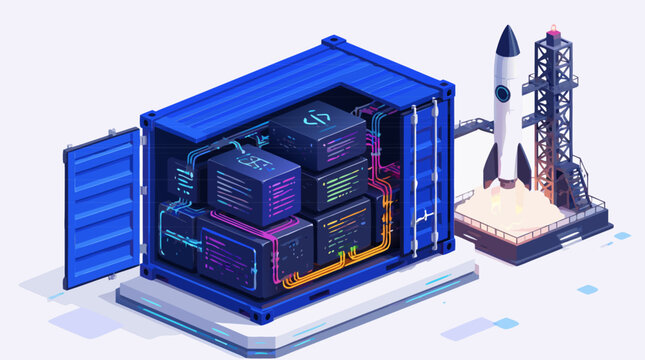 Clean flat vector illustration of a containerized data center with glowing servers and a rocket launch on a light background, ideal for cloud startup and DevOps marketing.