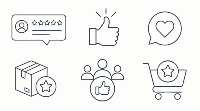 Clean flat vector illustration on a light background showing customer reviews, likes, favorites, delivery and shopping cart icons for ecommerce feedback design.