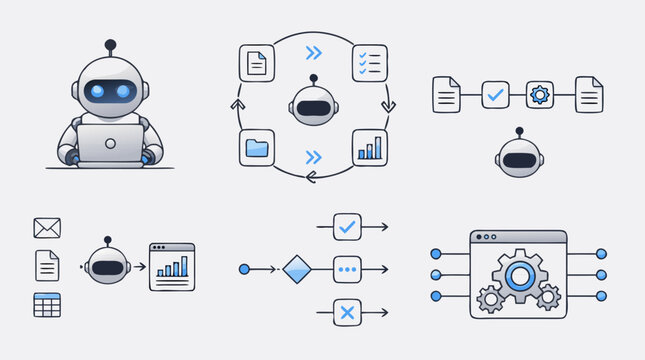 Clean flat vector illustration on a light background showing AI robots automating workflows, documents, analytics and settings for business technology presentations.