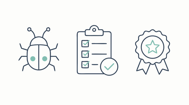 Clean flat vector illustration on a light background showing a software bug, completed checklist, and award badge for quality assurance testing services.