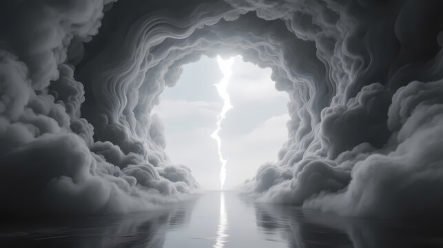 White lightning piercing clouds over calm water