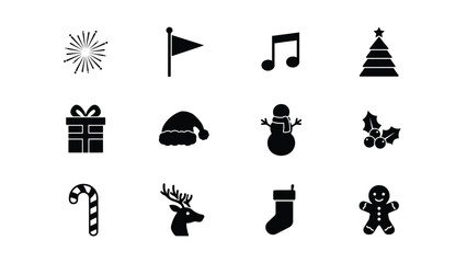 Festive holiday icon set with seasonal symbols including snowman reindeer and gingerbread. © Pronab