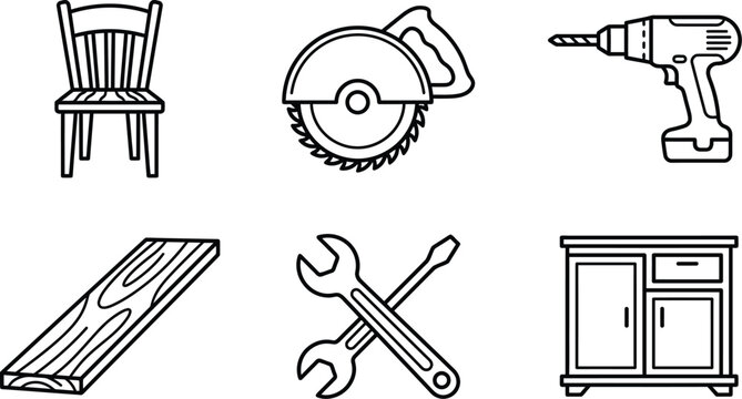 Furniture manufacturing icons with woodworking saw and cabinet