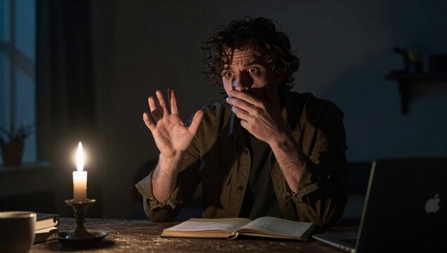 Surprised man reacting to a discovery while reading a book by candlelight during a blackout