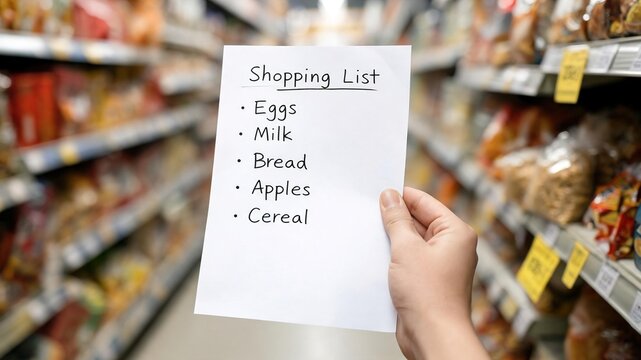Person Holding Shopping List in Grocery Store Aisle with Essentials