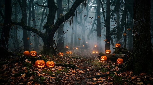Glowing Halloween pumpkins in a dark scary forest illustration