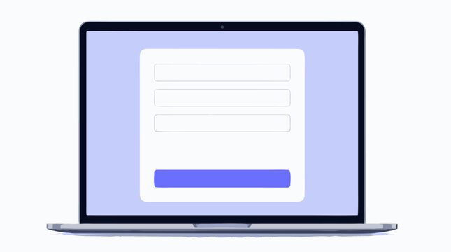 Clean flat vector illustration of a laptop showing an online form with input fields and a gradient submit button on a light background for web login, signup, or app onboarding design.
