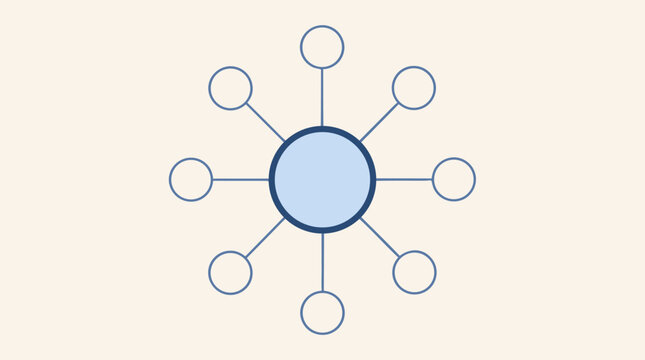 Clean flat vector illustration of a hub and spoke network diagram on a light background, useful for technology, workflow, communication, or business presentation designs.