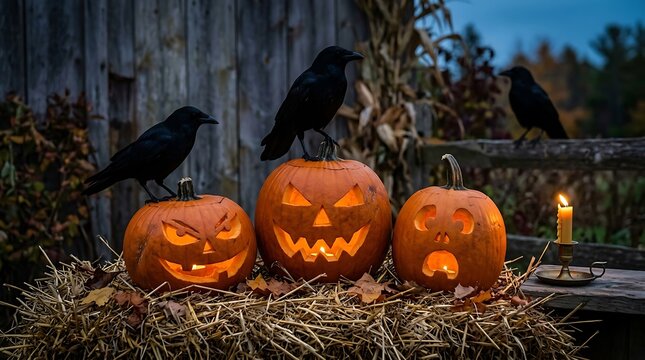 Three carved Halloween pumpkins with black crows at night illustration