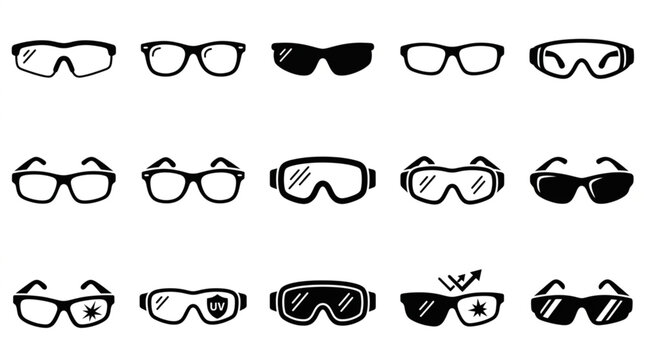 Collection of various eyeglasses and sunglasses.