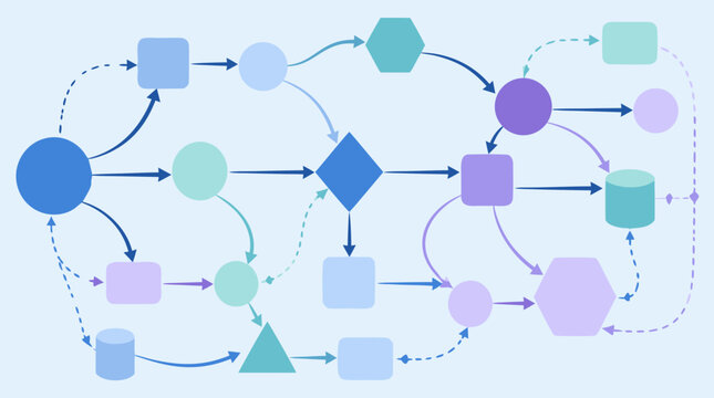 Clean flat vector illustration of a colorful workflow flowchart with connected shapes and arrows on a light background, ideal for process mapping presentations.