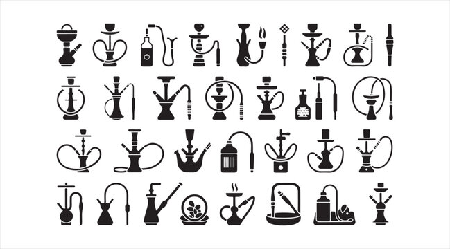 Traditional hookah lounge pictogram set featuring shisha devices and smoking accessory icons