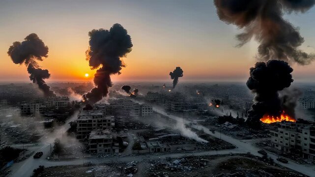 Aerial view of a city under attack with smoke columns rising after explosions. Devastating urban warfare scene at sunset. Conflict and destruction concept landscape.