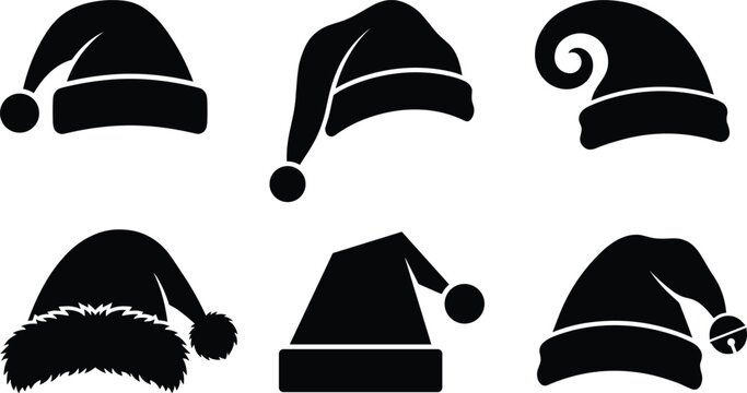 Black silhouettes of six christmas hats with various styles, including pom-poms and fur trim, on a white background