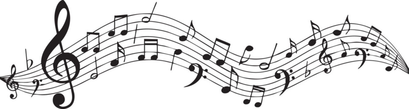Black musical notes forming a flowing wave pattern on white background music notes musical symbols