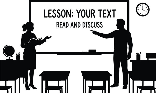 Silhouette of teacher and student in classroom with whiteboard and desks