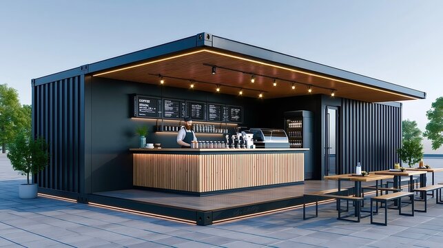 Modular shipping container coffee shop with outdoor seating