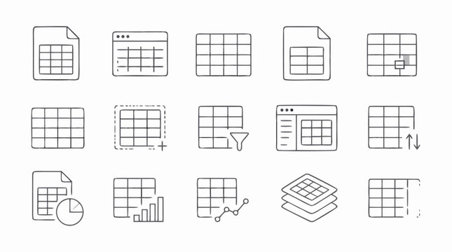 Clean flat vector illustration of spreadsheet table and data grid line icons on a light background, ideal for software dashboards, office apps, and analytics UI design.