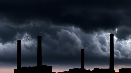 Naklejka premium Chimneys of a power plant rise against a dark stormy sky during twilight hours. The scene features no people, just a wide shot of the industry.