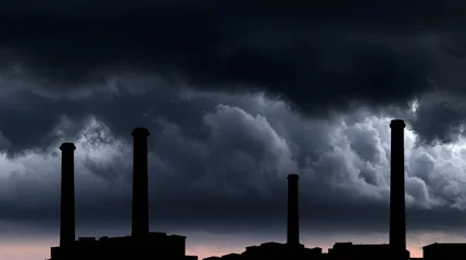 Chimneys of a power plant rise against a dark stormy sky during twilight hours. The scene features no people, just a wide shot of the industry. © Anat art