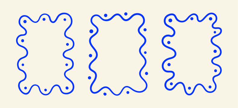 Set of blue wavy frames with dots. Abstract organic shapes. Funky and groovy design template. Vector flat illustration
