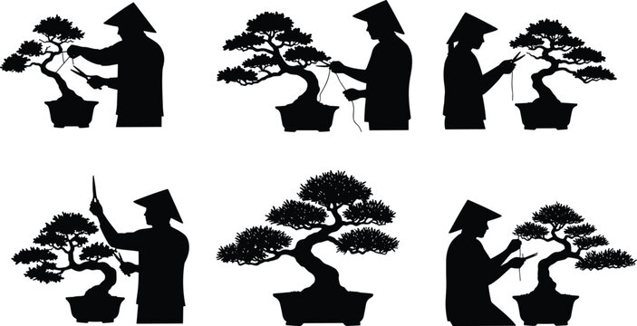 Bonsai master pruning miniature tree, traditional Japanese gardener silhouette shaping bonsai plant with scissors, harmony art of bonsai cultivation