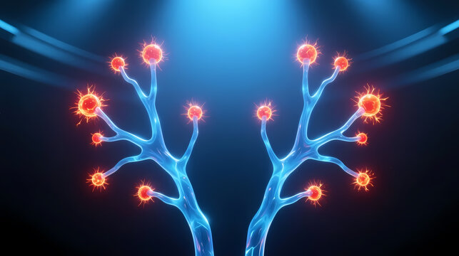 Symmetric blue neurons with glowing orange nodes