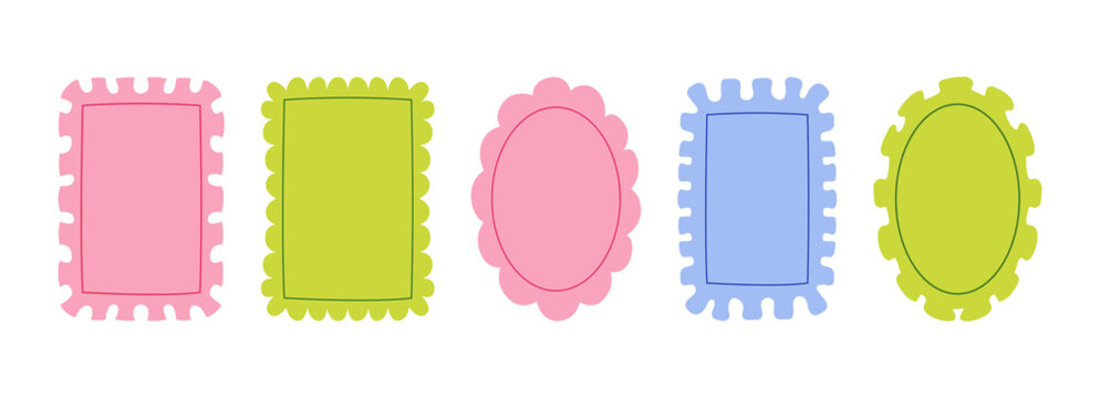 Set of decorative colorful frames with wavy ruffled edges. Vector flat illustration. Ornamental borders for invitations, greeting cards, valentine's day and wedding designs.