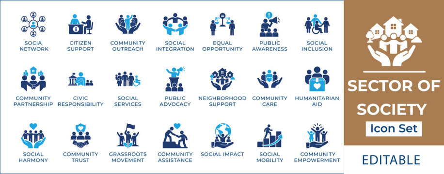 Sector of society icon set featuring community welfare, social justice, charity donation box, public activism, inclusivity, humanitarian aid, and NGO support symbols.