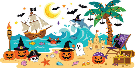 Obraz premium Beachfront party scene features spooky characters celebrating a coastal.