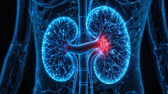 view of the human renal system illuminated with blue and red light.