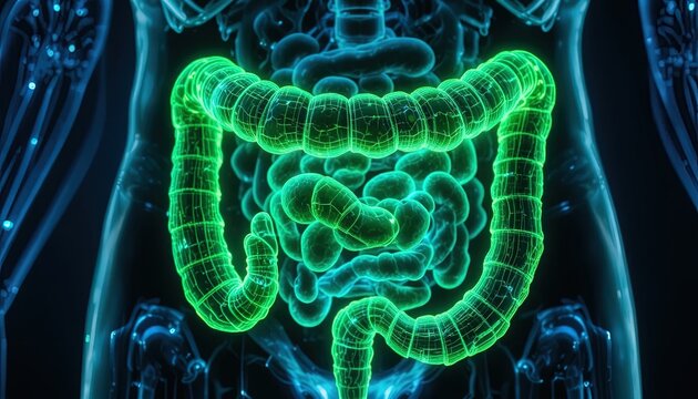 view of the human digestive systems large intestine highlighted in neon green against a dark background.