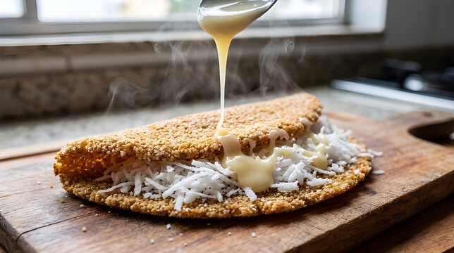 Traditional Tapioca Crepe with Shredded Coconut and Condensed Milk