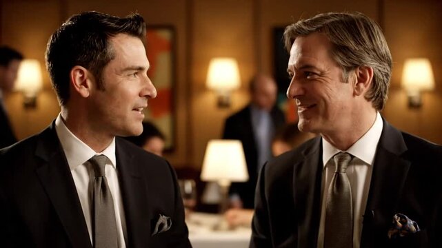 Two distinguished gentlemen dining in an elegant restaurant, enjoying conversation and red wine