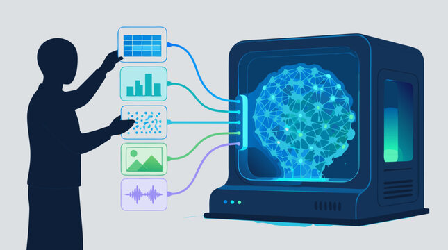 Clean flat vector illustration on a light background showing a person feeding charts, data, photos, and audio into an AI machine, ideal for technology analytics marketing.