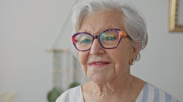 Woman wearing purple and orange eyeglasses smiling with teeth visible and neck exposed, looking at camera in a studio; serenity wisdom.