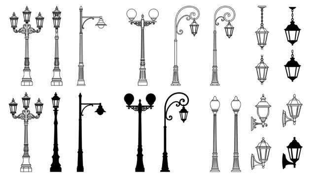 A collection of vintage lampposts in various styles, both black and white illustrations and line art. Some have multiple lamps, while others have a single lamp.